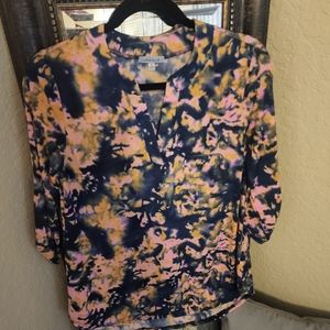 Pink and Blue abstract shirt with 3/4 length sleeves. Size small